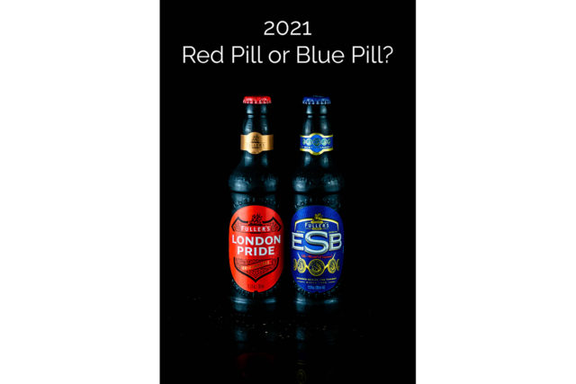 red pill blue pill - bottles of Fuller's London Pride and Fuller's ESB